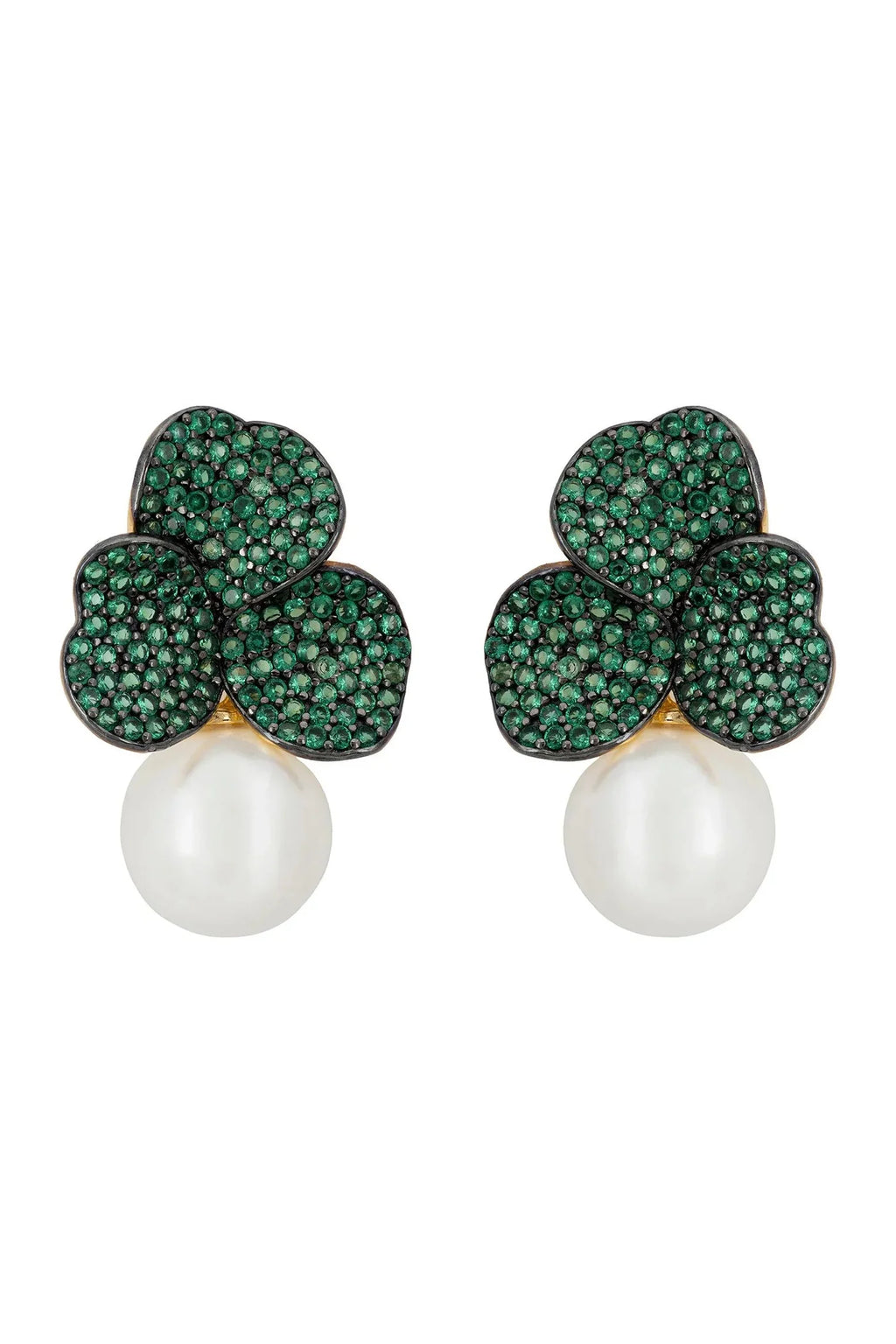 Latelita Iris Flower & Pearl Dangle Earrings Emerald Gold