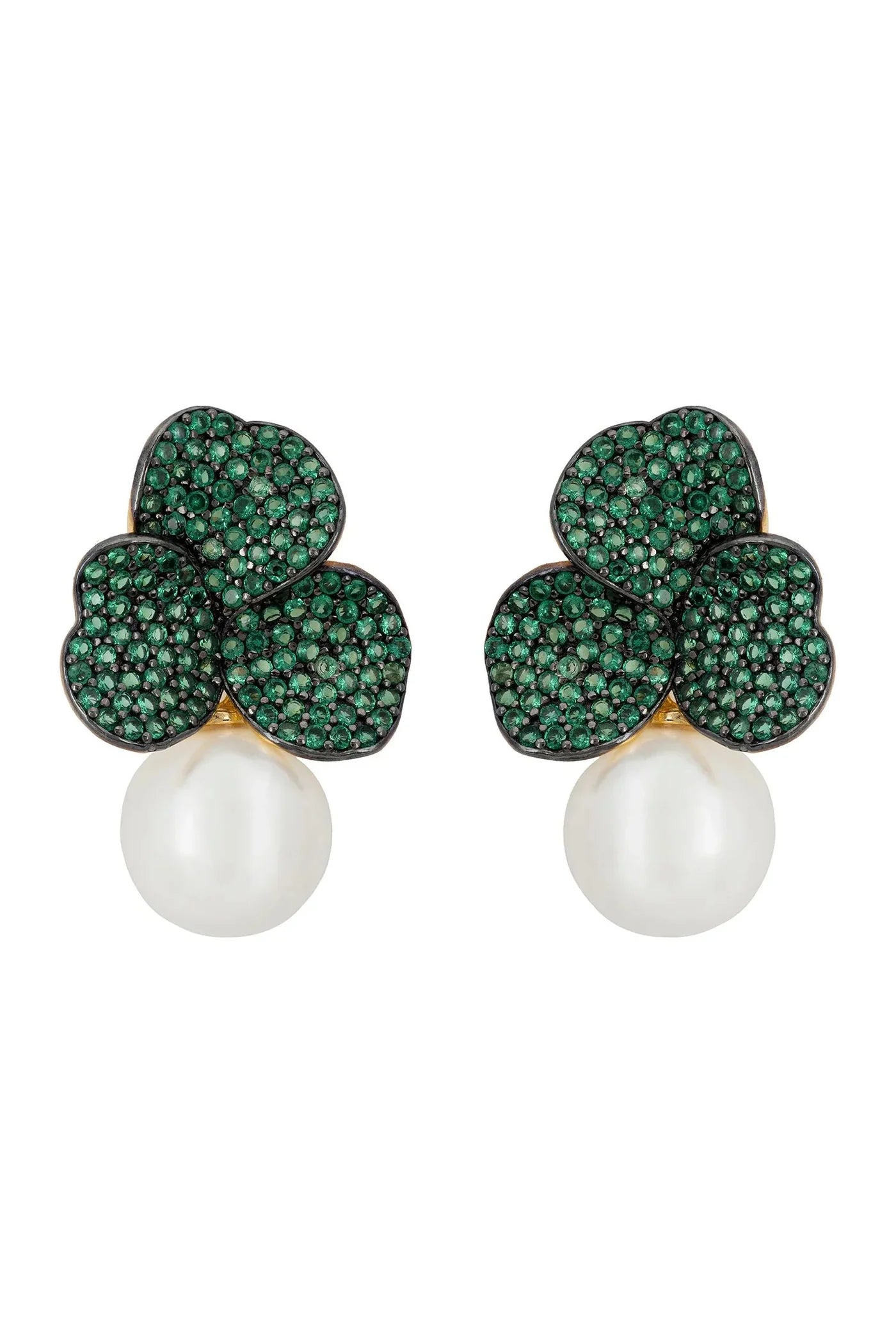 Latelita Iris Flower & Pearl Dangle Earrings Emerald Gold