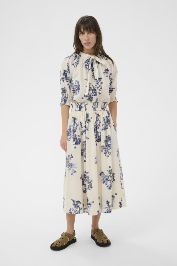 Part Two Amaia Floral Midi Skirt - Off White & Blue