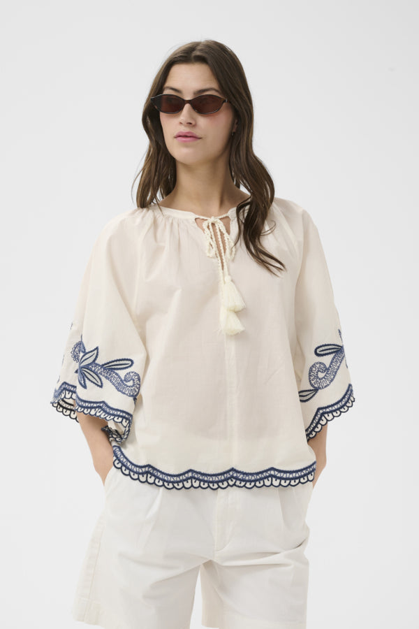 Part Two Biancha Embroidered Blouse - Off White & Navy