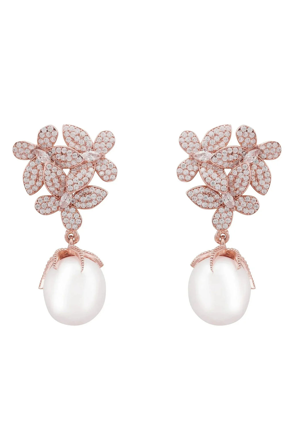 Latelita Iris Flower & Pearl Dangle Earrings Rosegold