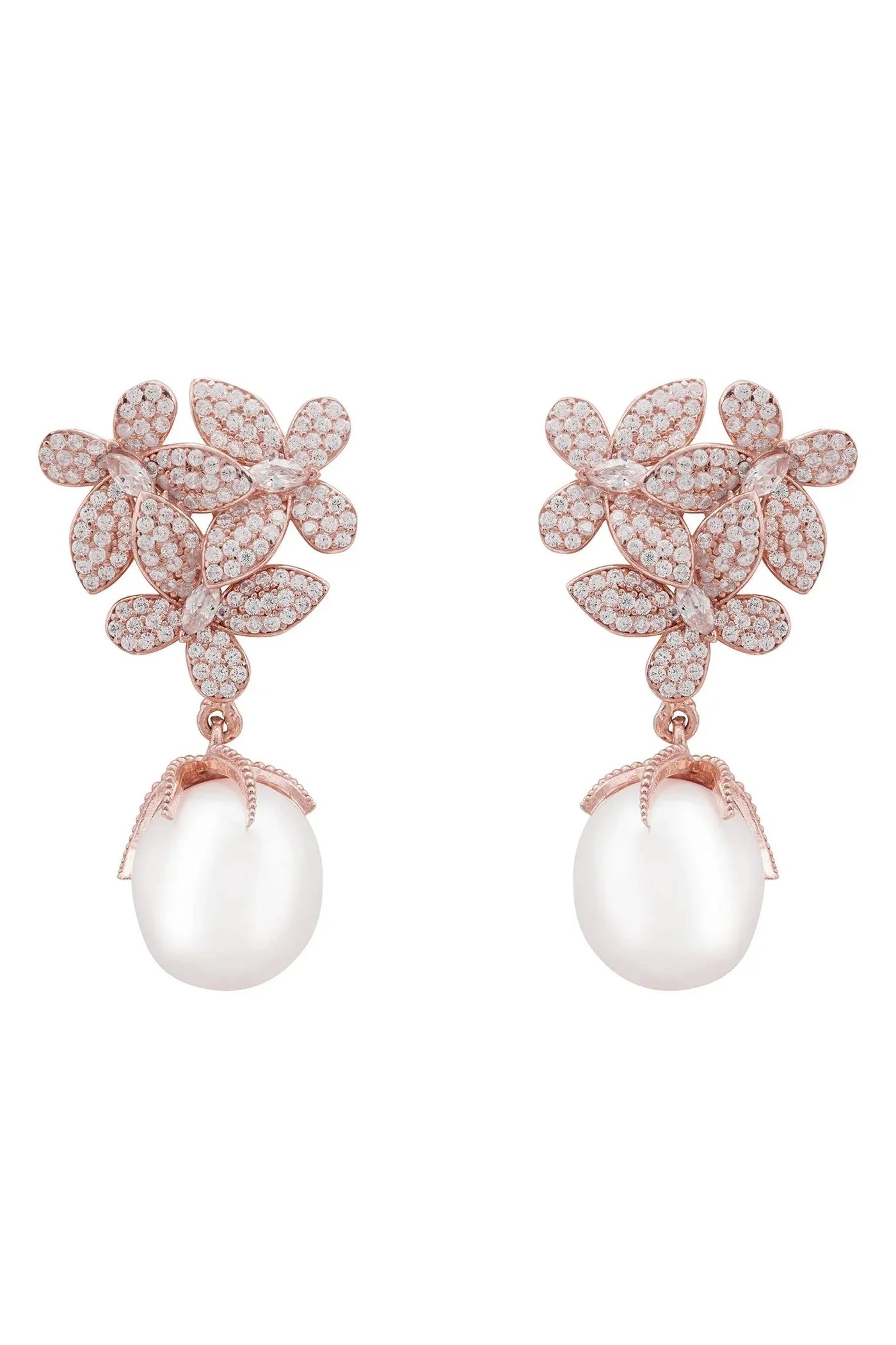 Latelita Iris Flower & Pearl Dangle Earrings Rosegold