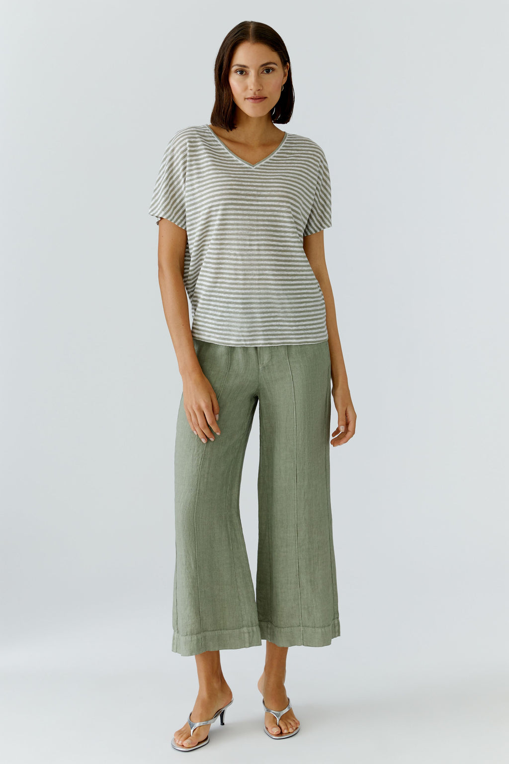 Oui 97142 Green Cropped Linen Trouser