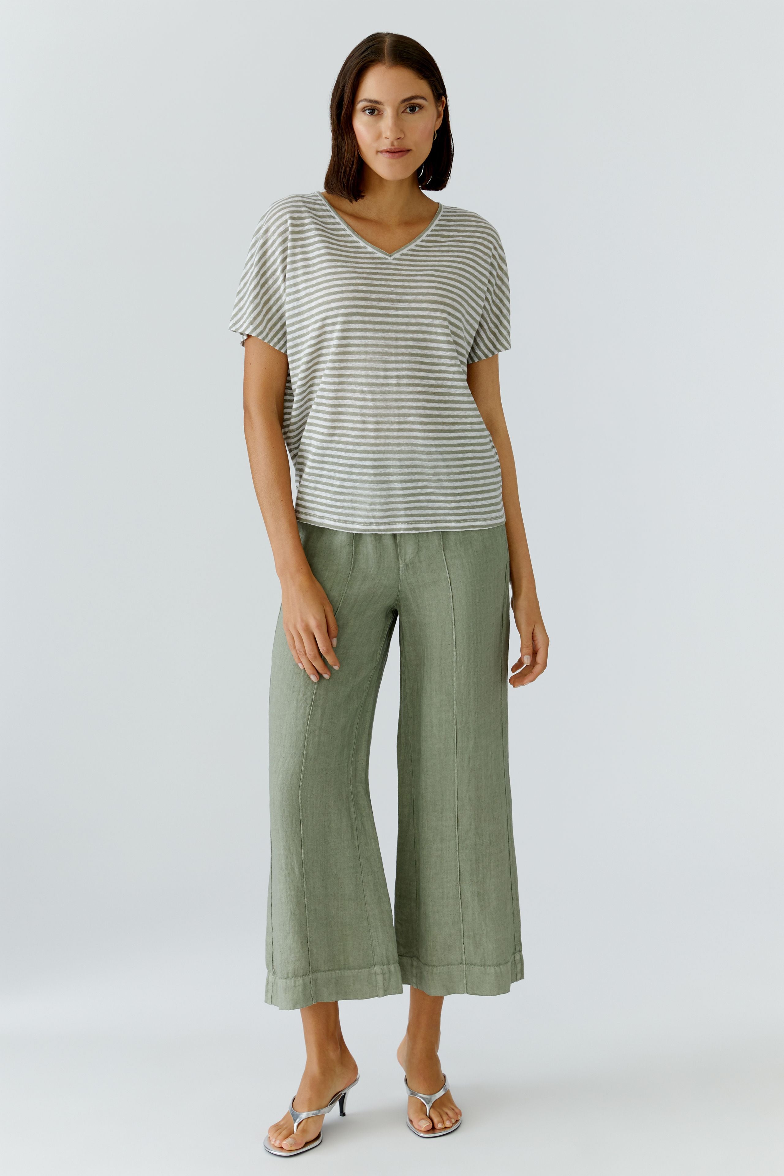 Oui 97142 Green Cropped Linen Trouser