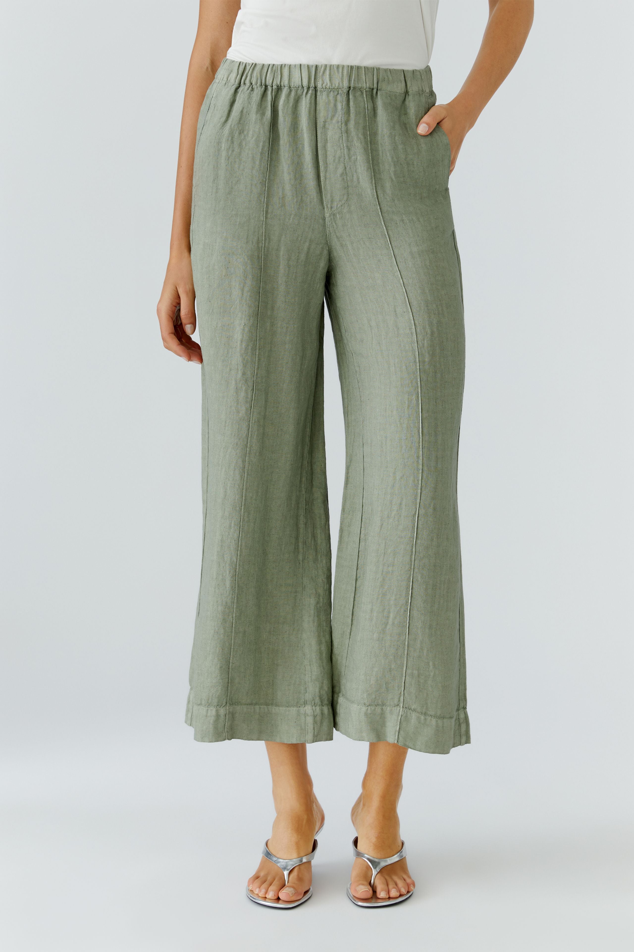 Oui 97142 Green Cropped Linen Trouser