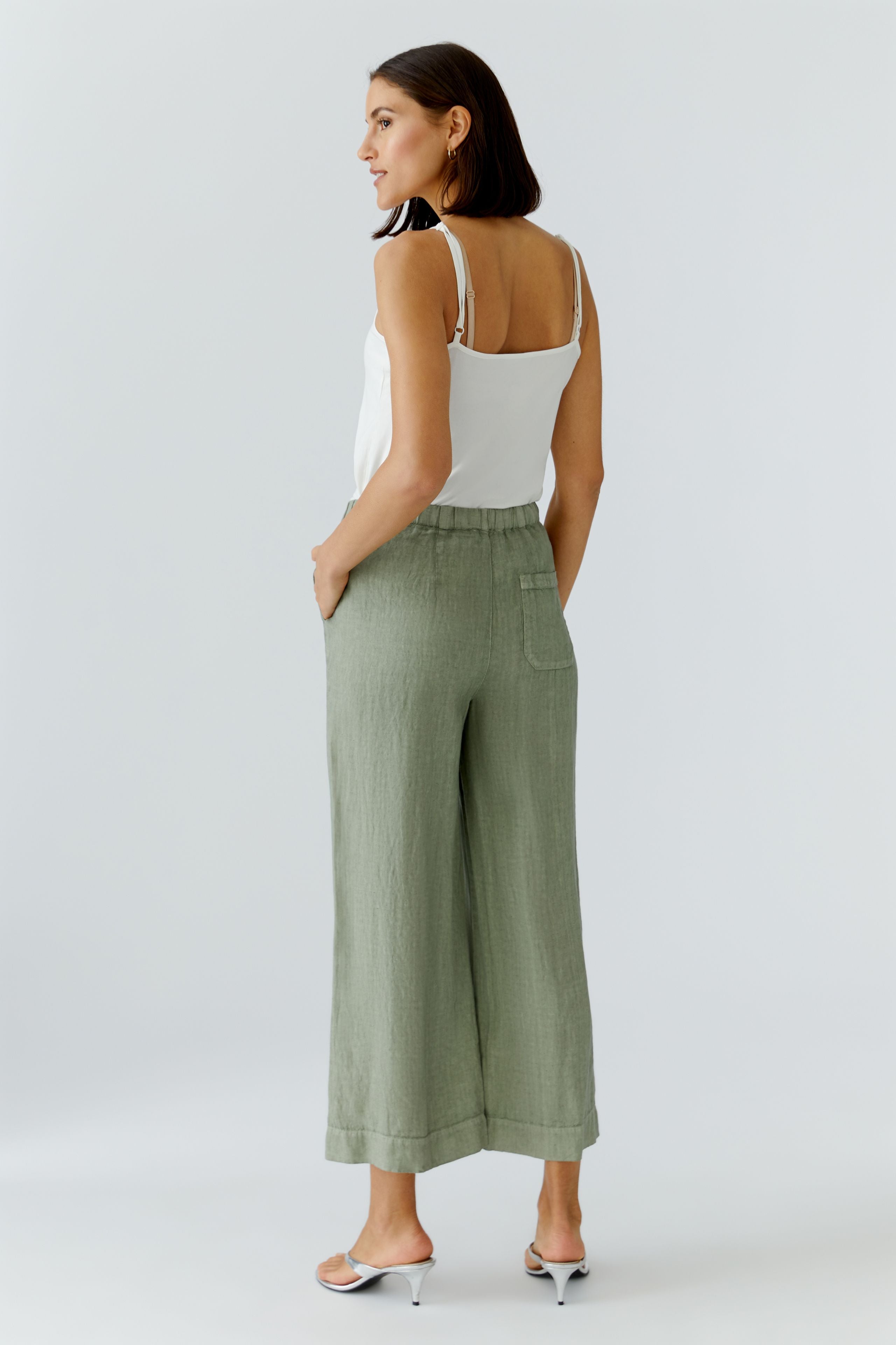 Oui 97142 Green Cropped Linen Trouser
