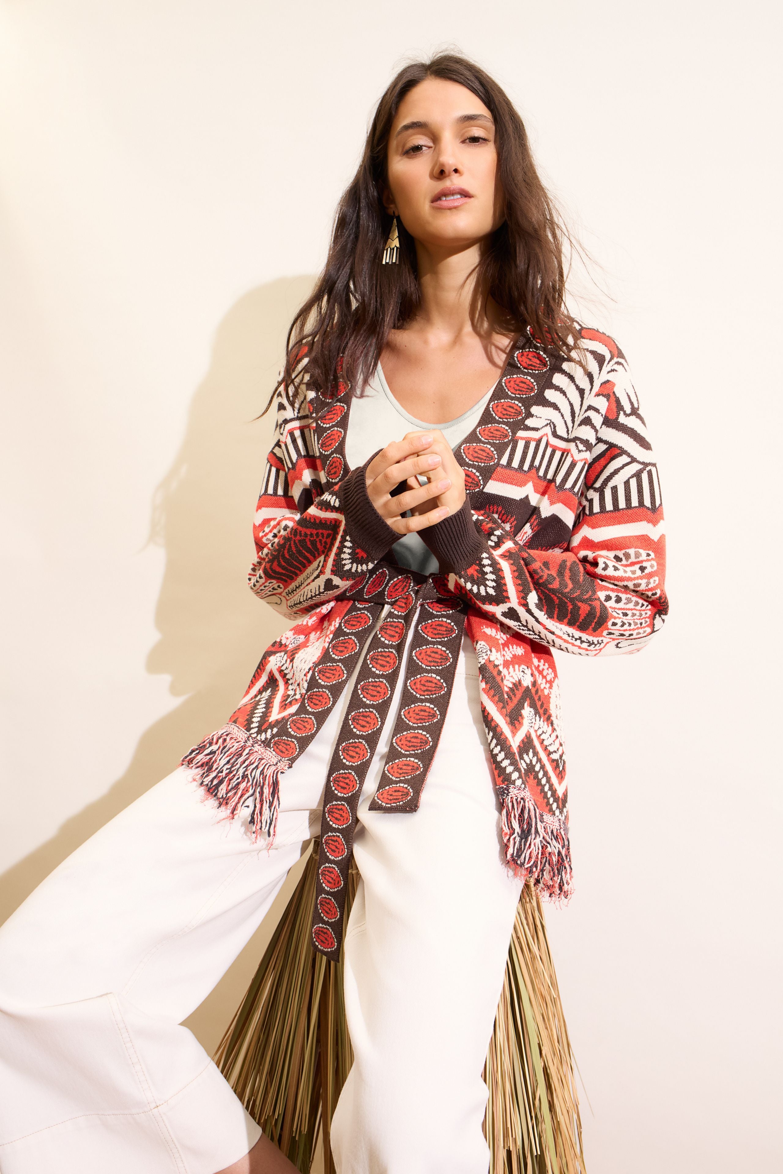 Oui Red/Brown Long Cardigan 97488