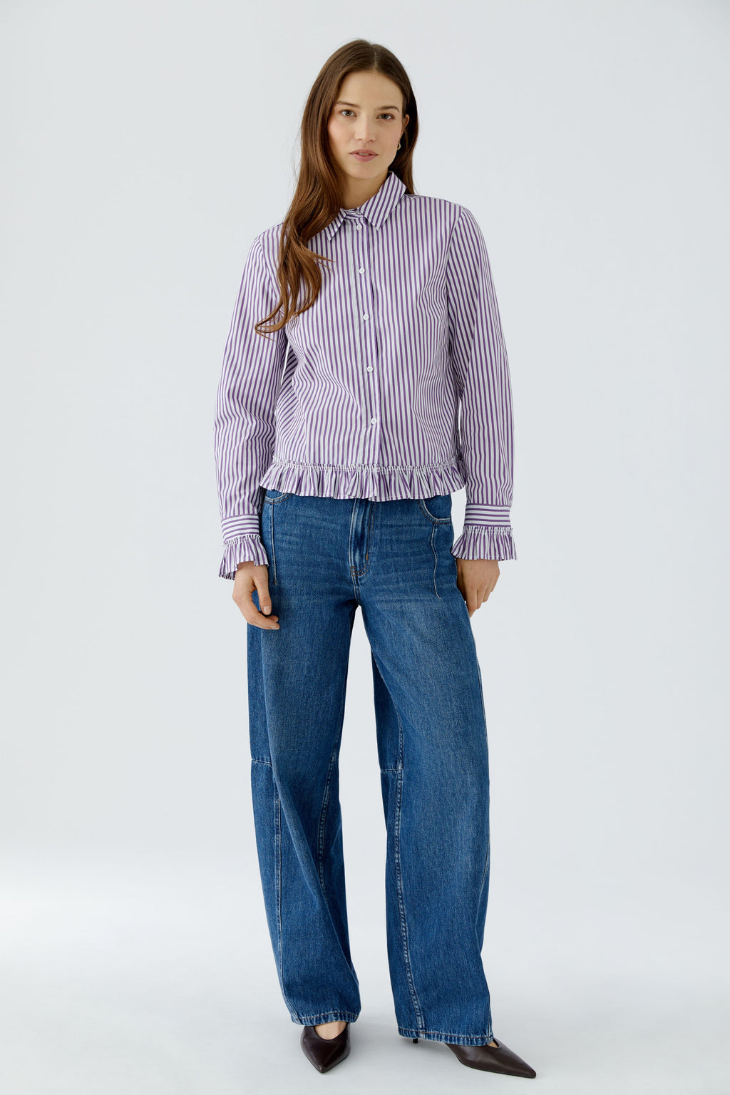 Oui Purple/White OR Blue/White Striped Ruffle Shirt