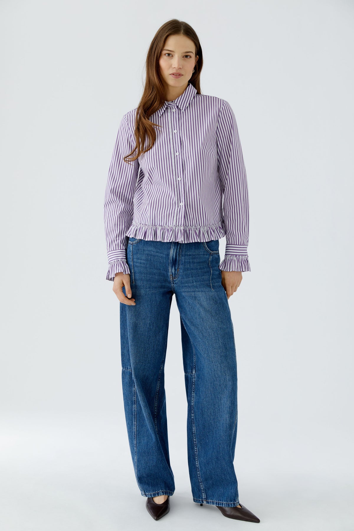 Oui Purple/White OR Blue/White Striped Ruffle Shirt