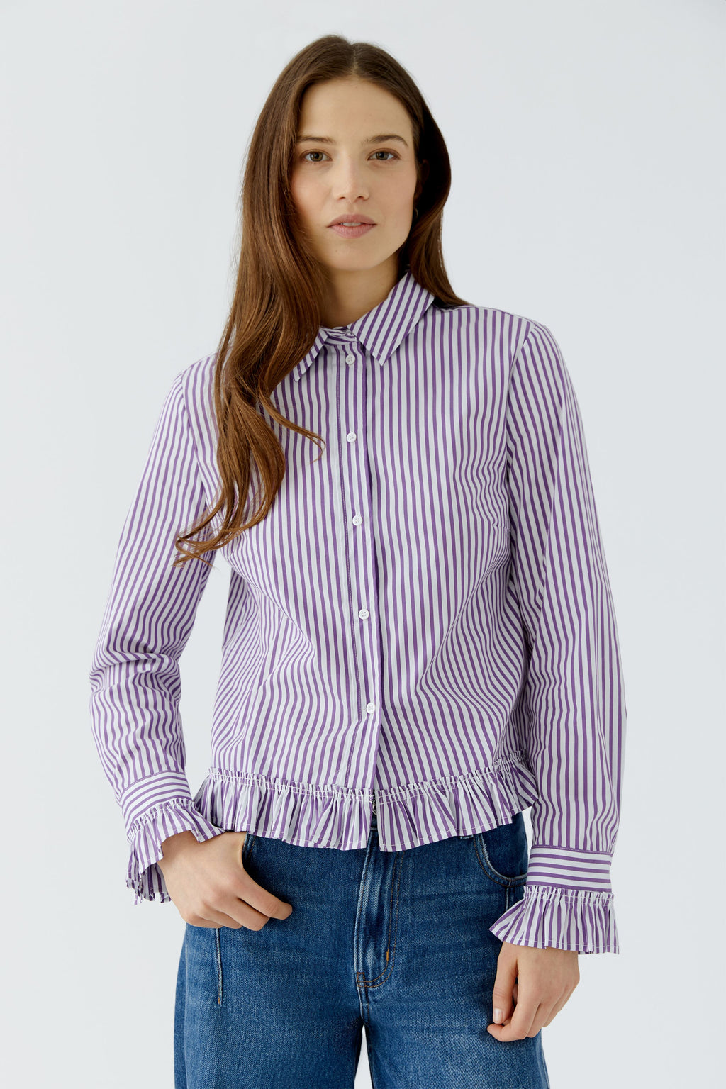Oui Purple/White OR Blue/White Striped Ruffle Shirt