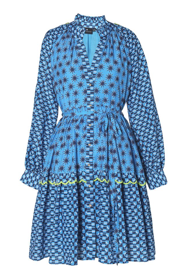 Emily Lovelock Lucy Dress – Blue Printed Midi Dress