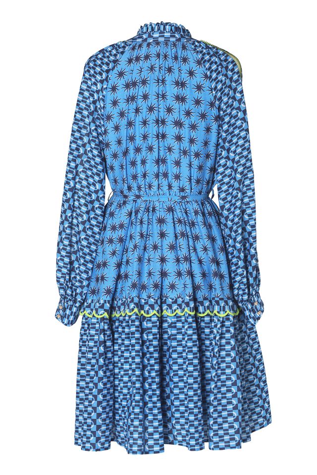 Emily Lovelock Lucy Dress – Blue Printed Midi Dress