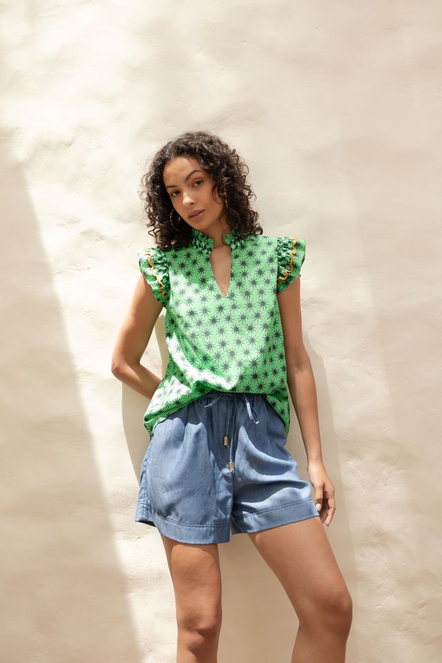 Emily Lovelock Megan Blouse – Green & Black Printed Statement Top