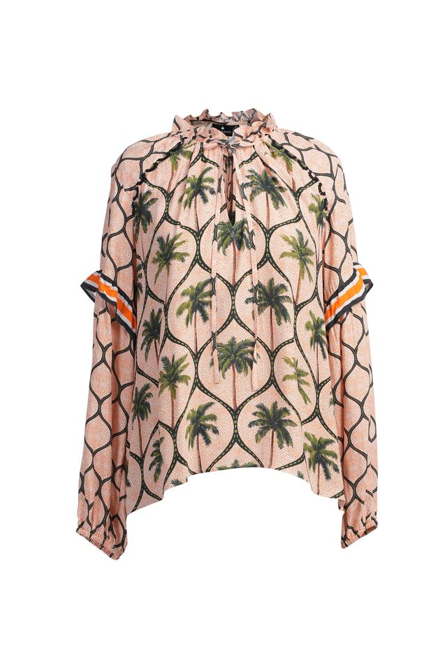 Emily Lovelock Tina Blouse – Orange & Black Printed Statement Top