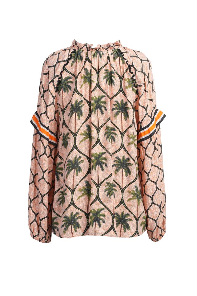 Emily Lovelock Tina Blouse – Orange & Black Printed Statement Top