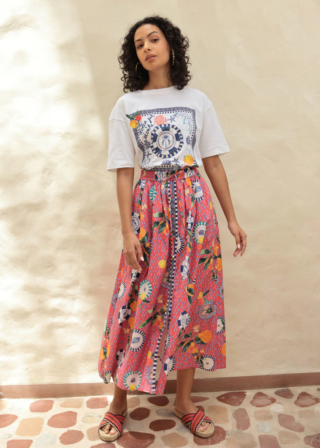 Emily Lovelock Bernie Printed Skirt – White OR  Red/Orange Print