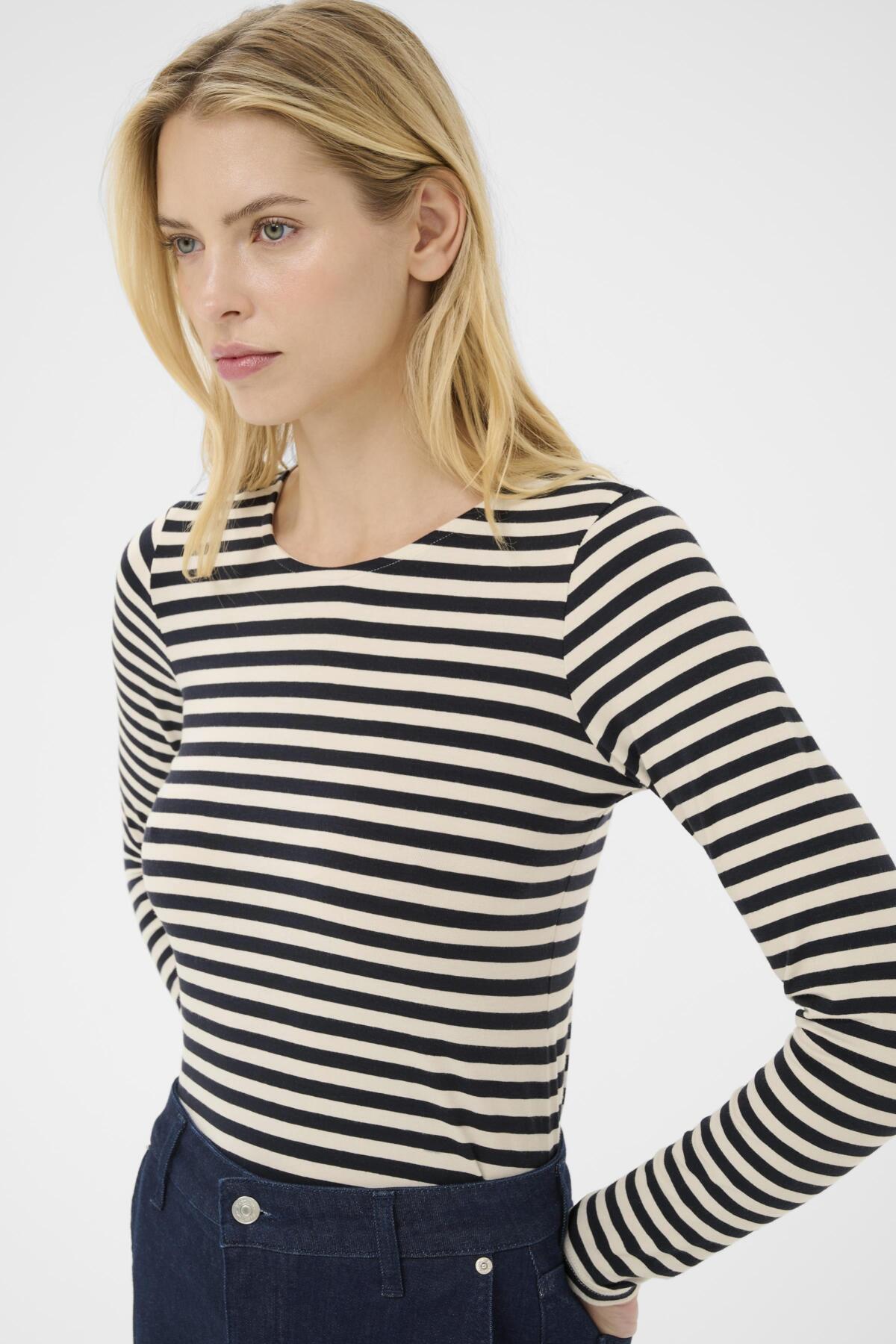 Part Two Nemajas Long Sleeve T-Shirt – Cream / Dark Blue & White Stripe