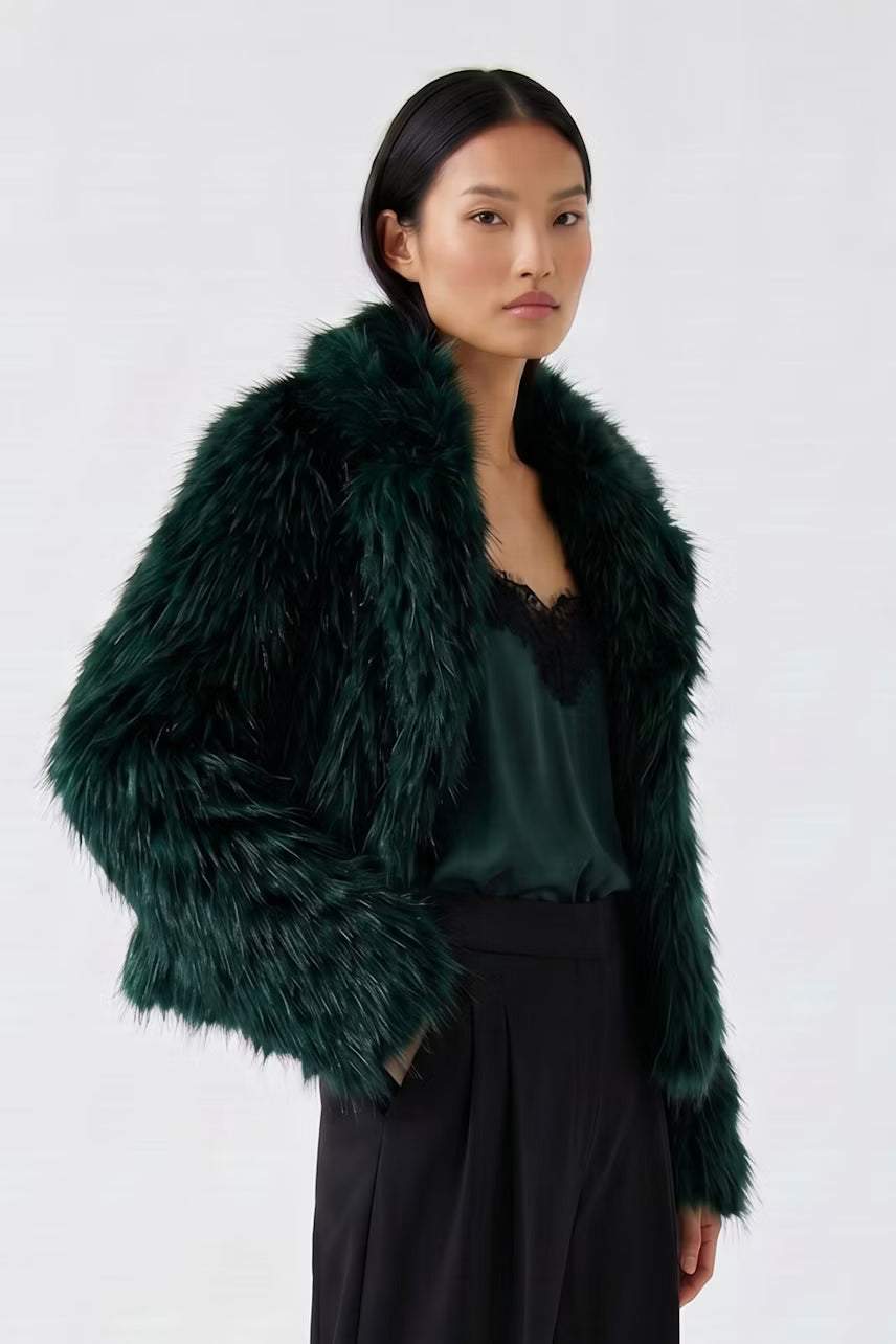 Oui 100473 Faux Fur Jacket - Dark Green