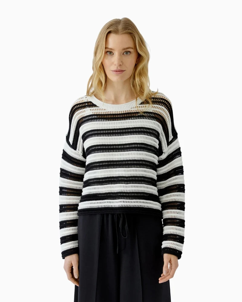 Oui 97909 Black & White Open-Knit Striped Jumper