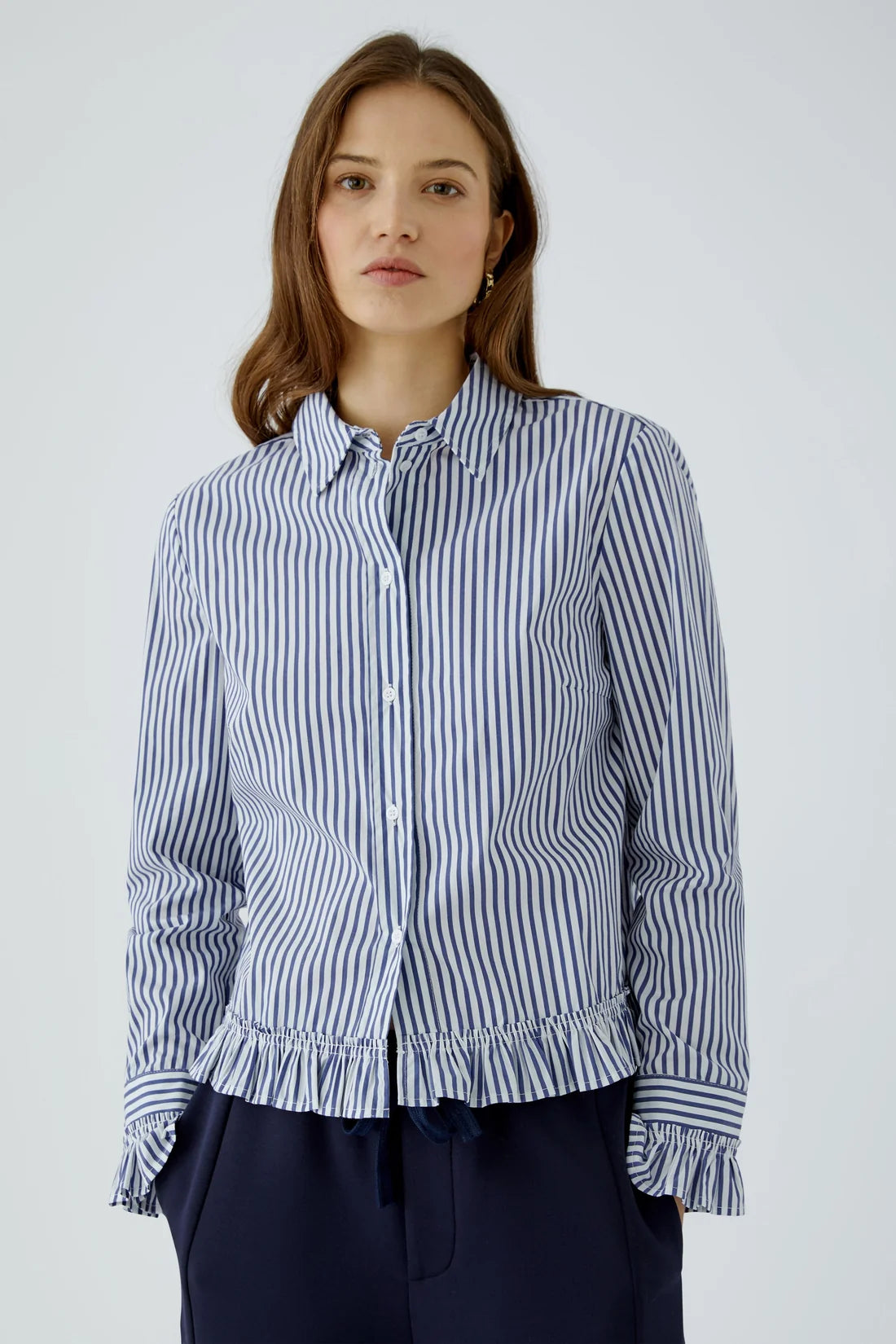 Oui Purple/White OR Blue/White Striped Ruffle Shirt