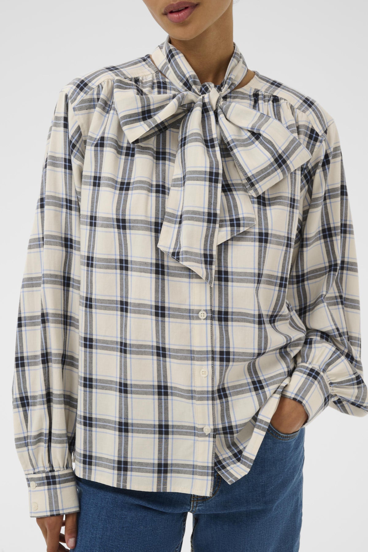 Yanina Dark Navy & Cream Checked Shirt with Neck Tie - Part Two