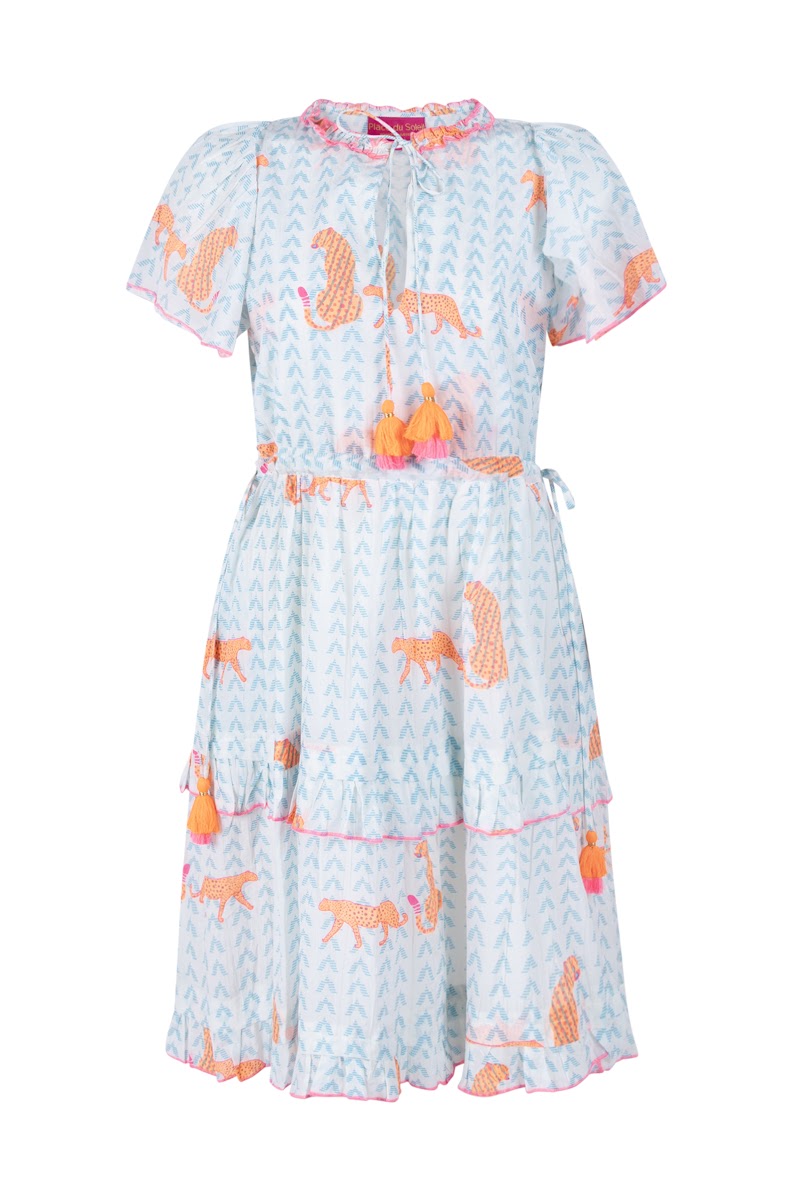 Place Du Soleil S26439 Blue/White Dress with Bright Orange Cheetah