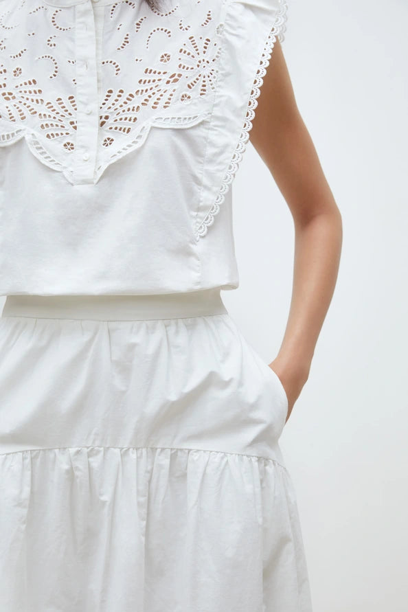 Suncoo Flavie White Embroidered Midi Skirt