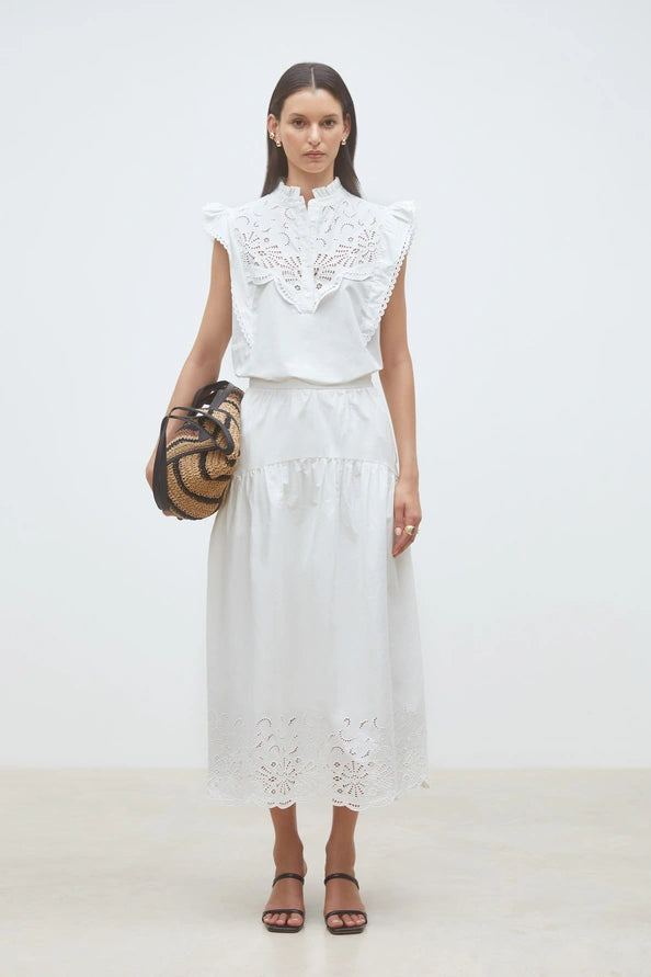 Suncoo Flavie White Embroidered Midi Skirt