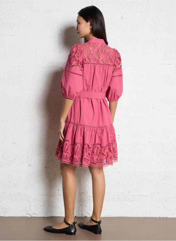 Suncoo Caty Pink Rose Belted Lace Dress