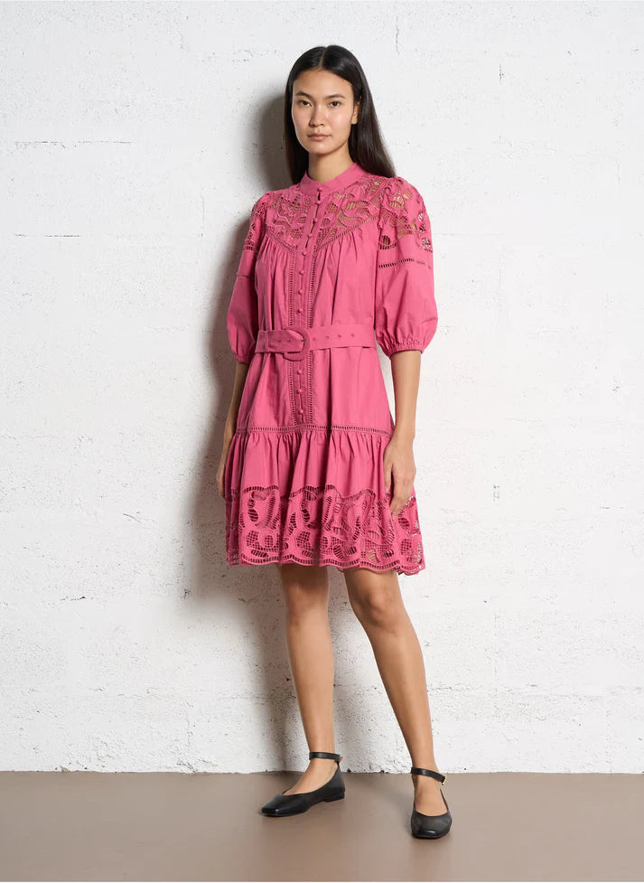 Suncoo Caty Pink Rose Belted Lace Dress