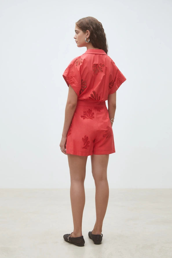 Suncoo Tracy Red Embroidered Shorts Jumpsuit