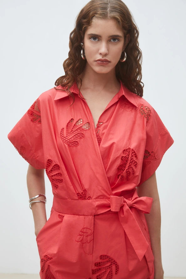 Suncoo Tracy Red Embroidered Shorts Jumpsuit