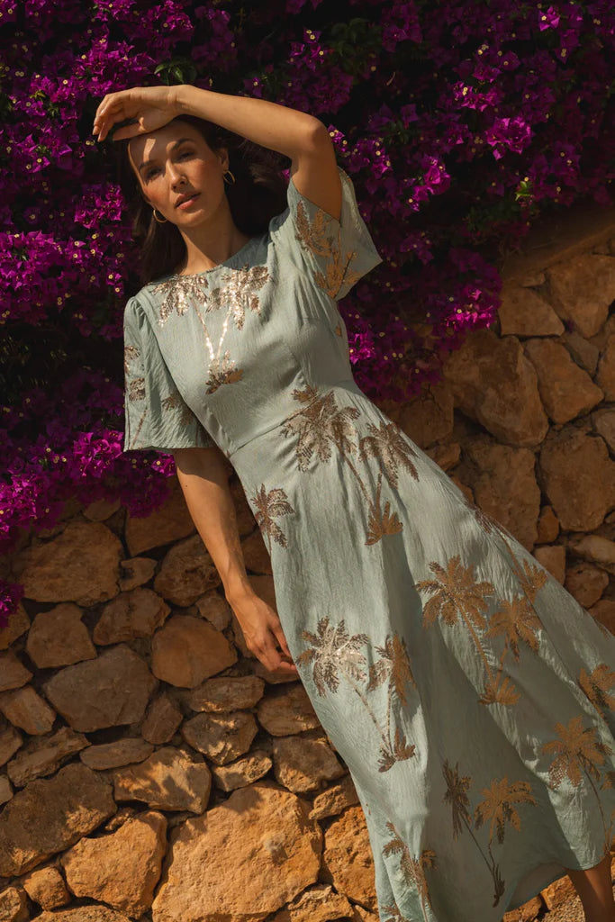 Traffic People Palms of Gold Rene Dress – Blue Palm Print Maxi Dress