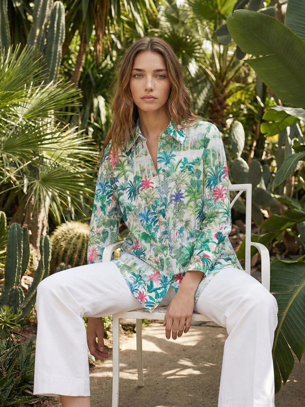 Vilagallo Tropical Green Print Cotton Shirt