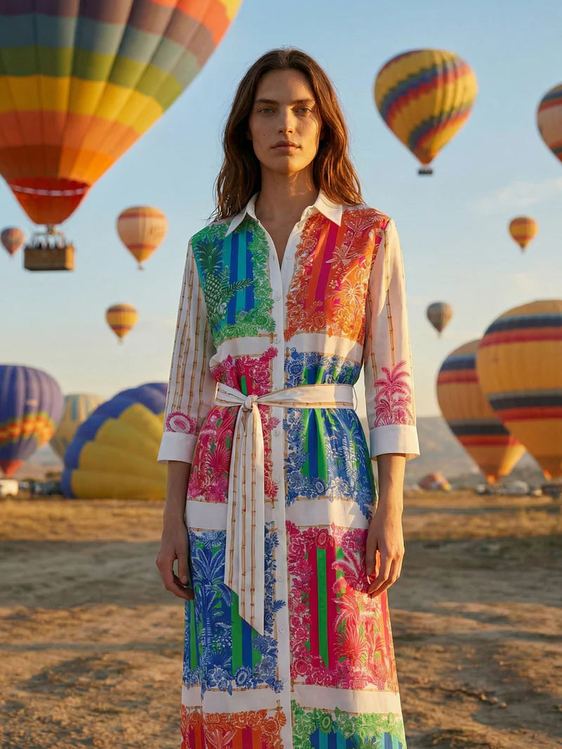 Vilagallo Cream Multicoloured Tropical Print Shirt Dress