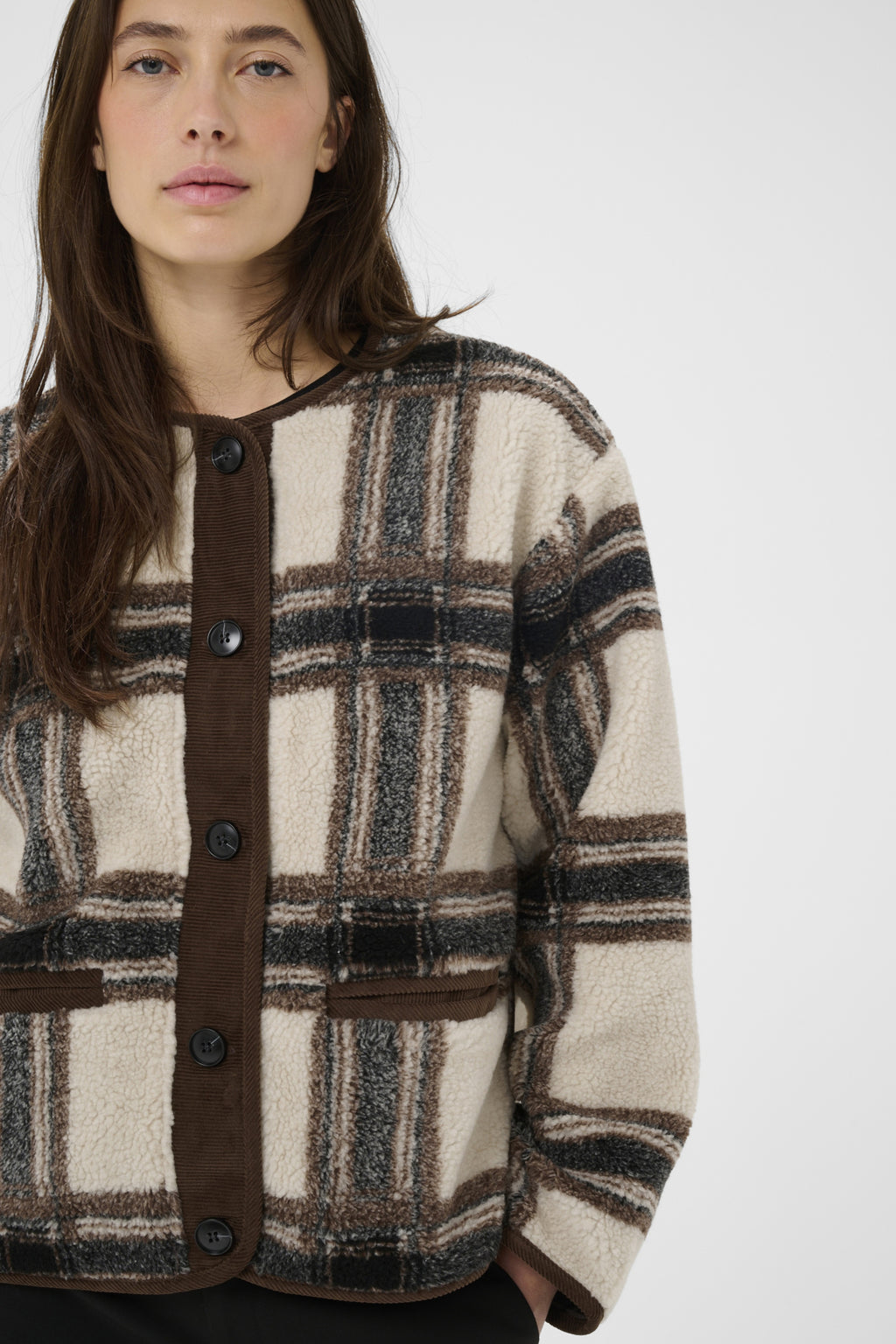 Part Two Ysabell Check Jacket – Soft Cream & Brown Textured Button Jacket